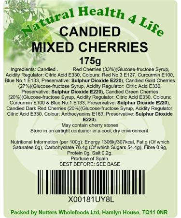 Natural Health 4 Life Cake Baking Ingredients Candied Whole Mixed Colour (Dark Red Red Green Gold) Glace Cherries 175 g in Bag (1 Bag) - Buy Online on GoSupps.com