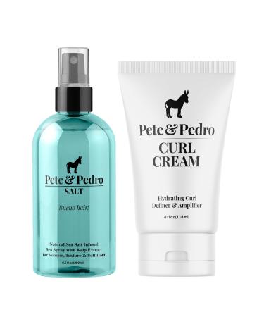 Pete & Pedro Natural Sea Salt Spray 8 oz. & Curl Cream 4 oz. Combo - Adds Instant Volume Texture & Thickness to Hair | Hydrating Curls Hair Definer & Amplifier | Natural Shine & Strong Curls & Waves