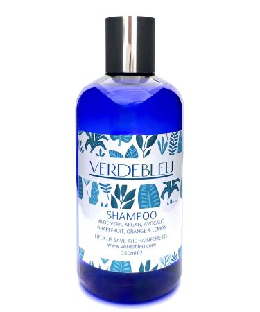 99% Natural SHAMPOO - ALOE VERA ARGAN AVOCADO GRAPEFRUIT ORANGE & LEMON - 250ml by VERDEBLEU. Free of sulfates Parabens. We donate 5% of profits to Save the Rainforests.