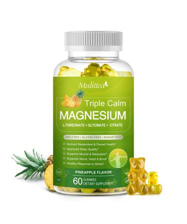 Magnesium L-Threonate Gummies 1000mg with Glycinate 500mg Citrate 500mg- Sugar Free Calcium Magnesium Supplement with Vitamin D K2 B6 Potassium for Calm Mood & Muscle Sleep Support 60 Gummies