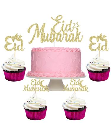 Gold Glitter Eid Mubarak Cake Topper and Cupcake Toppers for Mubarak Party Decor