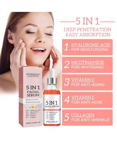 Buy Vitamin C Face Serum - 5 In 1 Anti-Aging Formula with Vitamin E Hyaluronic Acid Collagen & Nicotinamide - Moisturizing Firming & Skin Tone Evenness 30ml - Buy Online on GoSupps.com