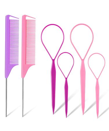 Hair Tail Tools TsMADDTs 6Pack Hair Loop Tool Set with 2Pairs French Braid Tool Loop 2Pcs Rat Tail Comb for Hair Styling Purple&Pink Pink&Purple