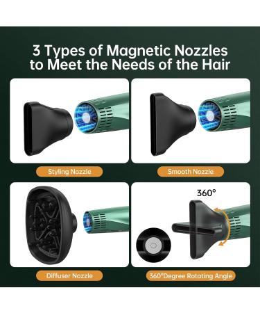 Professional Hair Dryer with Diffuser & Nozzles - 1875W 12 Modes Fast Drying Negative Ion Technology Olive Green - Perfect for All Hair Types - Buy Online on GoSupps.com