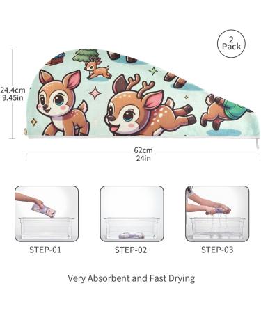 Cartoon Deer Tree Hair Towel 2 Pack - Super Absorbent Quick Dry Hair Turbans for Women & Girls - Buy Online on GoSupps.com