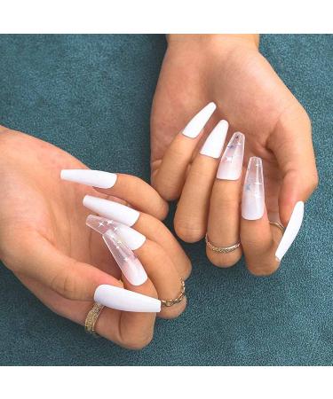 Sethexy Long White Ballerina False Nails - Glossy Coffin Acrylic Nail Tips with Glue for Women & Girls (24 pcs) - Buy Online on GoSupps.com