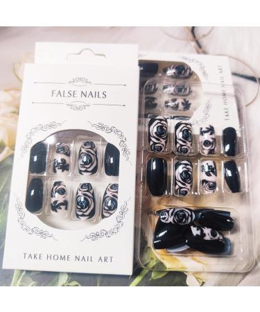 Rose Flower Press-On Nails for DIY Manicure | 24 Glossy Black Acrylic Coffin Fake Nails with Gel Glue - Chic Rose Design for Women & Girls - Buy Online on GoSupps.com
