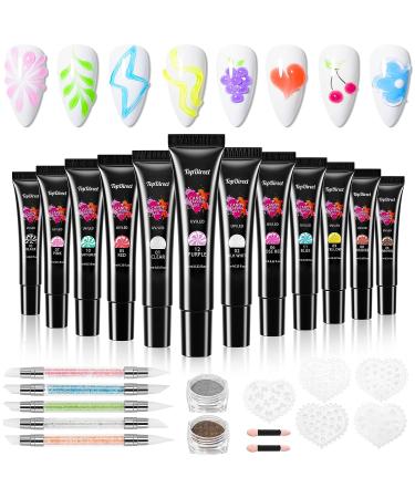 3D Gel for Nails TopDirect 12 Colours Builder Gel Sculpture Gel with 5 x Silicone Nail Brushes 2 x Mirror Powder (Gold + Silver) 5 x Nail Stencils for Gel Nail Art Decoration DIY Manicure