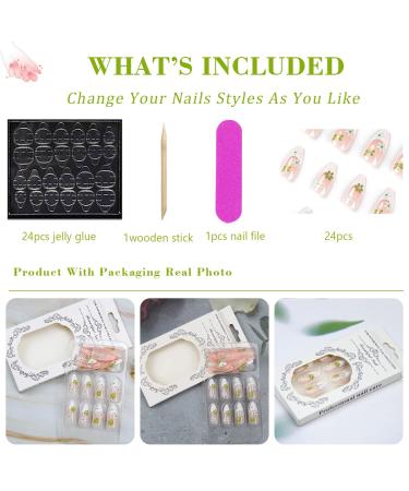 24PCS Medium Almond Glossy Flower Press On Nails - Green & White Spring Nail Decoration - Fake Nails with Glue - Women's Manicure - Buy Online on GoSupps.com
