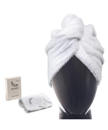 SELARUS 100%Turkish Cotton Hair Towel Wrap for Women Quick Dry Non Microfiber Super Absorbent Hair Product Plopping Hair Drying Bath Towels for Curly&Long Hairs Turban Head Wrap 1Pack(10x26inc)(white)