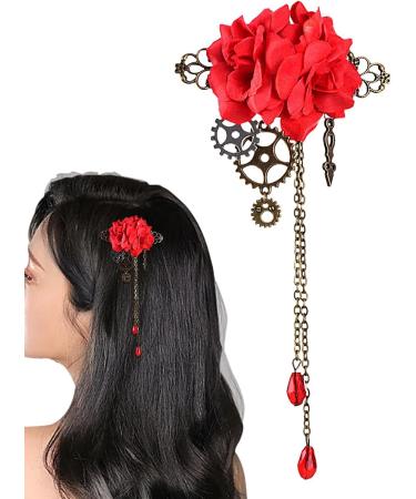 Maciun Steampunk Hair Clip - Flower Hair Clips Steampunk Hair Clips with Tassels Chain Rose Flower Hair Clip Vintage Gothic Hair Accessories for Women Red - Buy Online on GoSupps.com