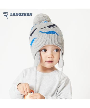 LANGZHEN Toddler Winter Hat - Fleece Lined Knit Cap for Baby Boys Girls 6-12 Months - Grey-Blue Dinosaur Design - Buy Online on GoSupps.com