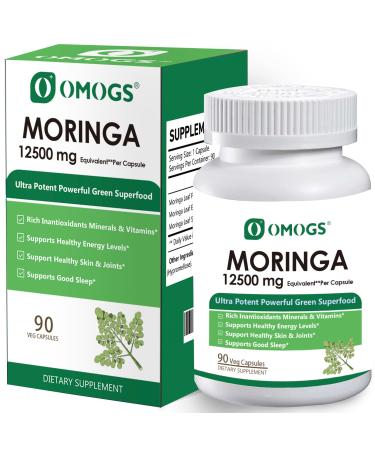 OMOGS Moringa Capsules Pure Moringa Oleifera Leaf Powder Supplement Rich Inantioxidants Minerals & Vitamins for Energy Metabolism Immunity & Sleep Non-GMO 90 Veg Capsules