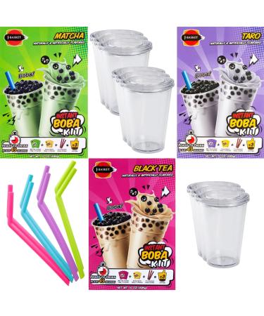DIY Boba Milk Tea Kit, Enjoy your Boba at Home just like the taste of your go-to Boba Shop, Multiple Flavors Matcha, Taro, Black Tea, Total 9 Servings, Included Straws and Cups (Pack of 3)