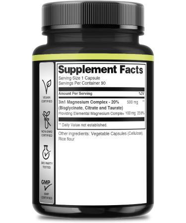 3in1 Magnesium Complex 20% Purified - 500mg of Magnesium Bisglycinate Citrate & Oxide for Muscle Relaxation Mood Bone Health & More - 90 Capsules - Buy Online on GoSupps.com