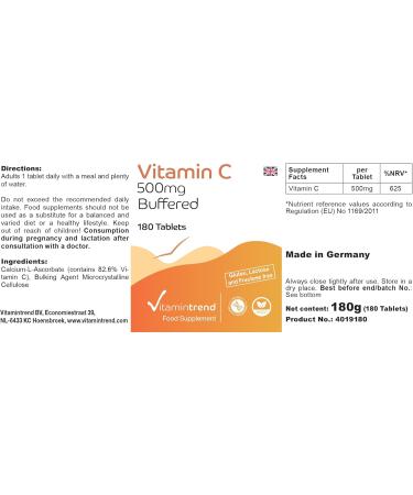 Vitamine C Tamponn e 500mg Facile dig rer - Ascorbate de Calcium 500mg V gan - Boite de 180 comprim s - ! POUR 6 MOIS ! | Vitamintrend  - Buy Online on GoSupps.com