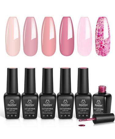 Beetles Gel Nail Polish Kit 6 Colors Pink Confetti Collection Classic Nude Pink Glitter Pastel Gel Nail Polish Set Soak Off Uv Led Gel Polish Spring Summer Nail Art Varnish Manicure Kit A-Pink Confetti