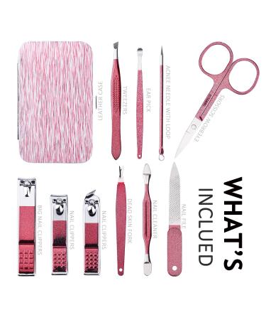 10 in 1 Stainless Steel Manicure Set with Leather Case - Portable Nail Clippers, Scissors, Pedicure Tools Kit for Men and Women (Rose Red) - Buy Online on GoSupps.com