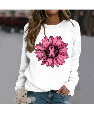 Yihaojia Breast Cancer Awareness Sweatshirts for Women Round Neck Long Sleeve Pullover Top Pink Ribbon Print Fall Blouse White#53 Large - Buy Online on GoSupps.com