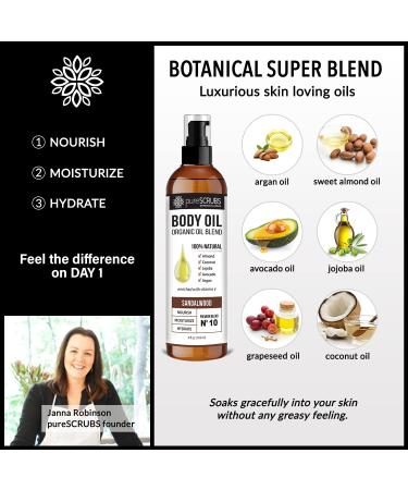 pureSCRUBS Sandalwood Body Oil Spray - Ultra Moisturizing Organic Blend for Dry Skin, Massage, Cuticles & More - Jojoba, Argan, Coconut, Sweet Almond & Avocado Oils with Vitamin E - 4oz - Buy Online on GoSupps.com