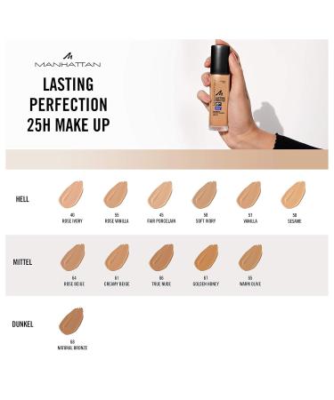Manhattan Lasting Perfection Foundation 25H | Rose Ivory 40 | Long-Lasting High Opacity Flawless Complexion | 30ml - International Shipping Available - Buy Online on GoSupps.com