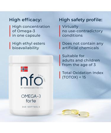 NFO Omega 3 Forte 360 Capsules Norwegian Fish Oil with high Concentration of EPA:DHA Formula with Vitamin E Natural Complex for Adults and Kids +3 Years Made in Norway from Freshly Caught Wild Fish 1 count (Pack of 360) - Buy Online on GoSupps.com