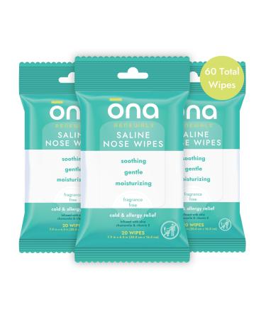 Ona Renewals Saline Nose Wet Wipes, Hydrates and Soothes, Made with Natural Saline with Aloe, Vitamin E, Chamomile, Hypoallergenic, Fragrance Free 20 Ct (Pack of 3)