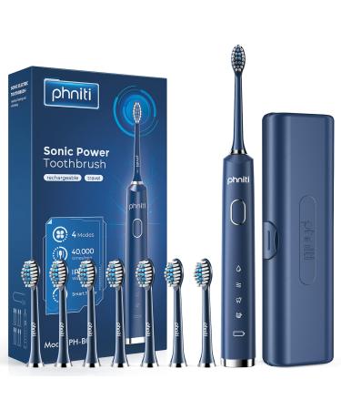 Electric Toothbrushes for Adults,Phniti Sonic Toothbrush with 8 Brush Heads,3 Hours Fast Charge,4 Modes,40,000VPM,2 Mins Timer,IPX7 Waterproof(Blue)