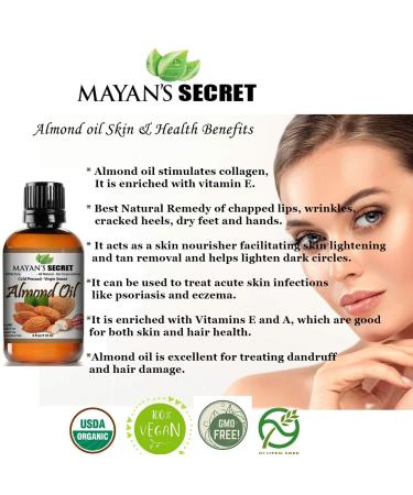 Mayan's Secret 100% Organic Sweet Almond Oil - Cold Pressed Pure Essential Oil for Skin Hair & Face (4 fl. oz.) - Best for Natural Beauty - Buy Online on GoSupps.com