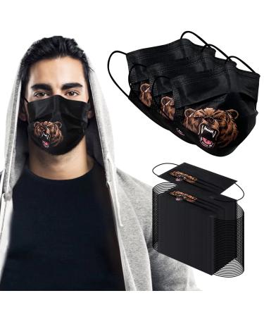 Men's Disposable Face Masks - 100Pcs, Bear Head Printed Cool Disposable Masks for Men, 3 Ply Mens Black Disposable Masks with Designs, Animal Print Safety Masks Bear Prints/100p