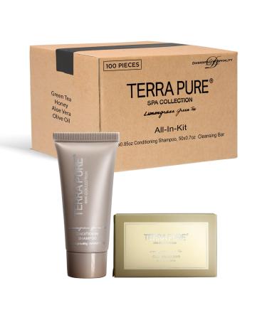 Terra Pure Spa Collection Bulk Set Toiletries| 1-Shoppe All-In-Kit Amenities for Hotels & Airbnb | 0.85 oz Hotel Cleansing Bar and Conditioning Shampoo Travel Size Tube | 100 Pieces