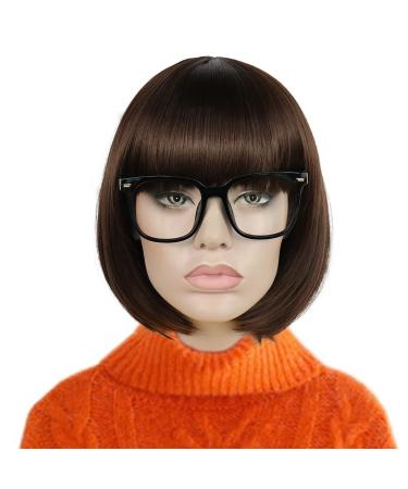 Ebingoo Velma Wig 11 Inch Dark Brown Wig with Bangs for Women Short Bob Brown Synthetic Heat Resistant Wig for Daily Wear(with 1 Glasses Frame + 1 Wig Cap)