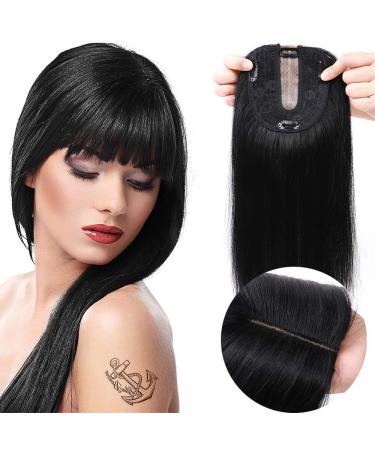 6" SEGO Real Remy Human Hair Toppers for Thinning Hair Women 2.5 * 9cm CENTRAL SILK BASE One Piece Clip in Hairpieces Extension 130% Density (#1 Jet Black)