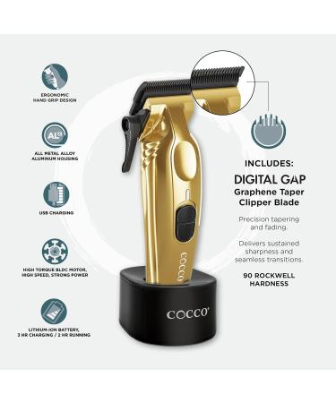 Cocco Veloce Pro Clipper - Professional Graphene Taper Blade Hair Clippers Cordless with High-Torque BLDC Motor & Charging Base Gold Finish - International Shipping Available - Buy Online on GoSupps.com