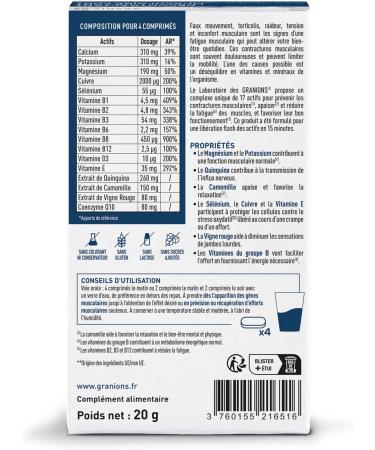 GRANIONS Strong Muscle Relaxer | Soothes contractures of the back neck thighs calves I Intense pain | 5 minerals 8 vitamins 3 plants | Co-enzyme Q10 | Fast action 15min | 20 tabs - Buy Online on GoSupps.com