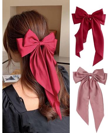 ZEVONDA Pack of 2 Big Bow Hair Clips - Solid Color Large Bowknot Hairpin Hair Clip with Long Silky Satin Tail Hair Barrettes Accessories for Girls Women Red + Pink Red + Pink (2PCS) - Buy Online on GoSupps.com