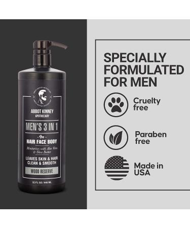 Men's 3-in-1 Wash, Moisturizing Shampoo, Conditioner, and Body Wash for Men,  Suitable for All Skin and Hair Types, 32oz - Abbot Kinney Apothecary (Wood  Reserve) Wood Reserve 32 Fl Oz (Pack of 1)