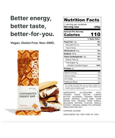 Verb Energy - Variety Pack Caffeinated Snack Bars - 110-Calorie Low Sugar Energy Bar - Nutrition Bars - Vegan Snacks - Gluten Free Breakfast Bars with Organic Green Tea 26g (Pack of 16) Variety Pack -16pk 16 Count (Pack of 1) - Buy Online on GoSupps.com
