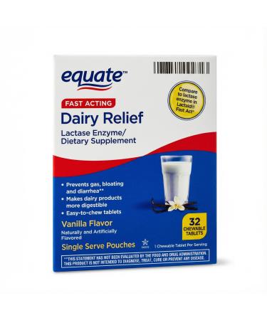Dairy Relief 32 Chewable Tablets Lactase for Lactose Intolerance Pills Lactase Enzyme Lactose Pills Dairy Pills for Lactose Intolerance (Pack of 1)