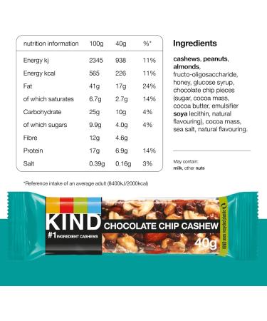 KIND Bars Bulk Pack Chocolate Chip Cashew High Fibre Gluten Free Snack Bars No Artificial Colours Flavours or Preservatives 72 x 40g bars - Buy Online on GoSupps.com