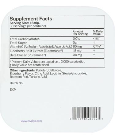 DISO - Vitamin C - Fast-Dissolving Oral Strips, Elderberry Flavor, Boosts Immunity, Vegan, Zero Sugar, Maximum Absorption, Gluten Free, Individually Wrapped, 30 Dissolvable Strips - Buy Online on GoSupps.com