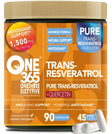 ONE 365 Trans Resveratrol Supplement with Quercetin Antioxidant and Healthy Aging Support Promotes Health Cellular Heart Brain & Immune Function 1500mg Vegan Natural Capsules 90 Count