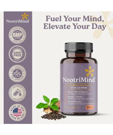 nootrimind Organic Ashwagandha Capsules 1300mg Daily Serving (Withania Somnifera) with Black Pepper Root Powder + Extract Relaxation & Mood Support Supplement Vegan Non-GMO 60 Count - Buy Online on GoSupps.com