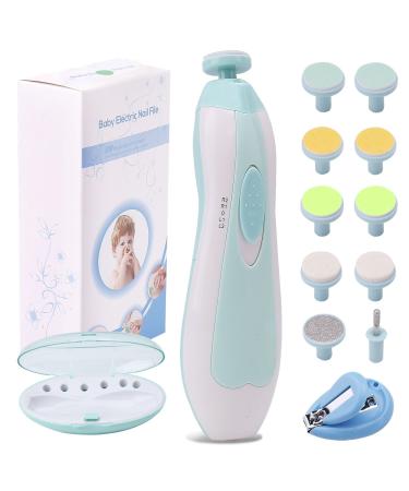 Baby Nail File Electric Nail Trimmer Manicure Set with Nail Clippers, Toes Fingernails Care Trim Polish Grooming Kit Safe for Infant Toddler Kids or Women, LED Light and 10 Grinding Heads (White/Teal)