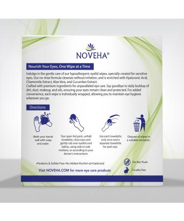 NOVEHA Eyelid Wipes - Delicate Lash & Eyelid Care with Hyaluronic Acid Chamomile & Aloe Vera - 60 Pre-Moistened Individually Wrapped Pads - Buy Online on GoSupps.com