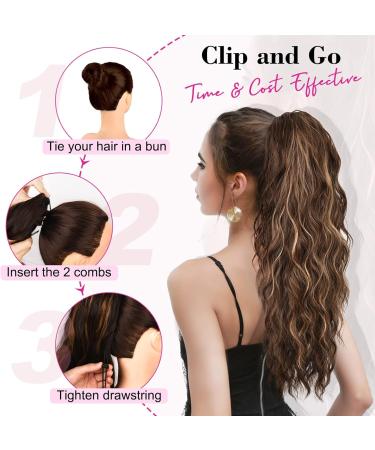REECHO 26 Long Beach Wave Synthetic Drawstring Ponytail Extension - Chestnut Brown with Highlights - Buy Online on GoSupps.com