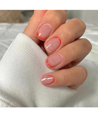 24 Pcs False Nails Short - Square Press on Nails French Pattern - Fake Nails Short with Nail Glue - Full Cover Acrylic Stick on Nails for Women and Girls Nude with Red Line Design