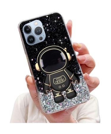 Tivenfezk Nadoli for iPhone 12 Pro Max astronaut hidden stand shell caricature glitter stand soft silicone bling transparent protective cover iphone 12 per max black