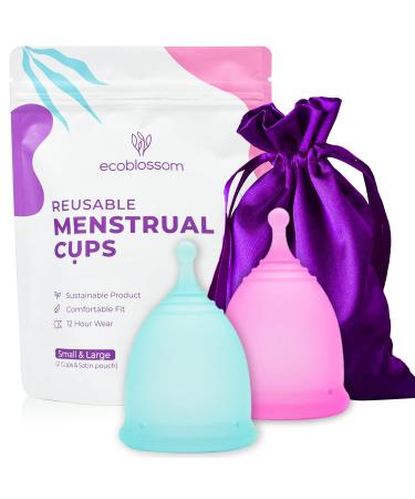 EcoBlossom Menstrual Cups - Set of 2 Reusable Period Cups - Premium Design with Soft, Flexible, Medical-Grade Silicone + 1 Storage Bag (1 Small & 1 Large) Small/Large (Pack of 2) Round Stem