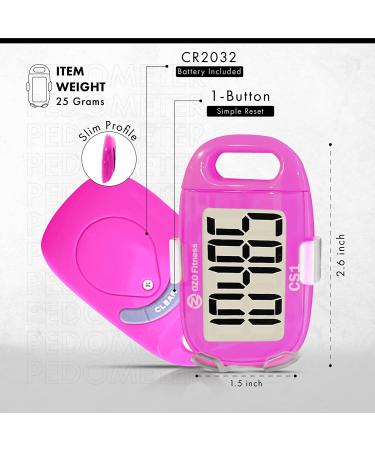 OZO Fitness CS1 Pink Easy Pedometer - Large Display Step Counter for Walking with Clip and Lanyard - Buy Online on GoSupps.com